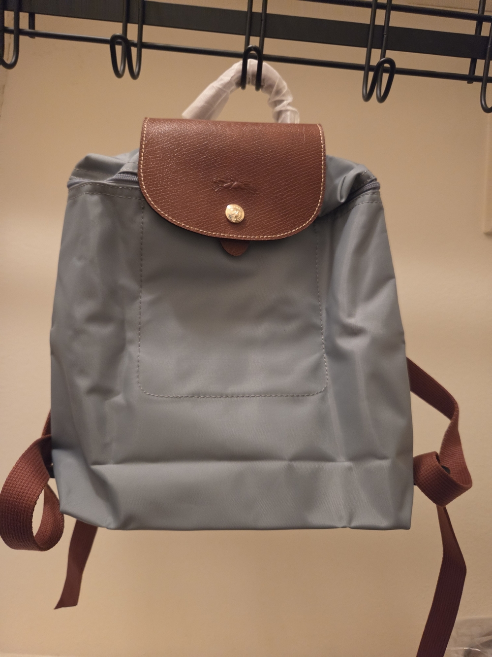 Longchamp Light Blue Nylon Backpack with Brown Leather Flap